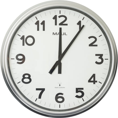 MAULride wall clock, radio synchronised time keeping mechanism, housing silver, clock face white.