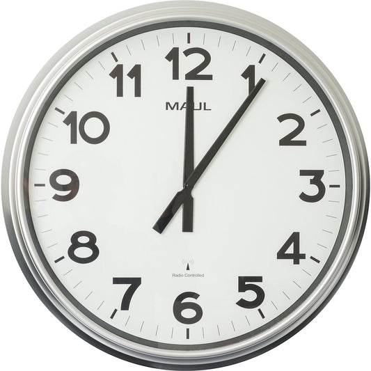 MAULride wall clock, radio synchronised time keeping mechanism, housing silver, clock face white.