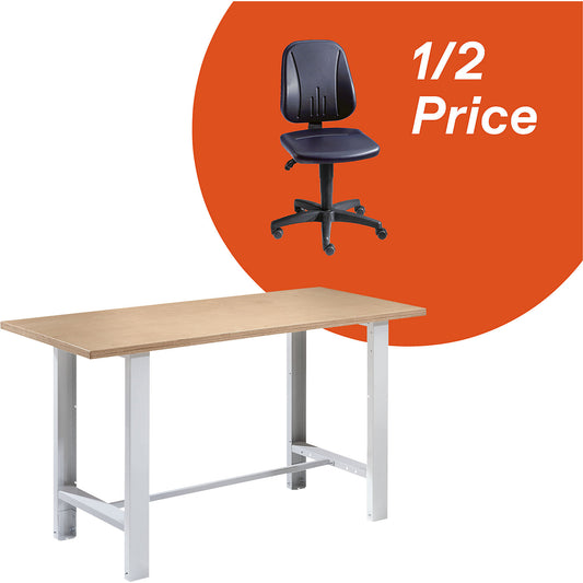Deal: workbench incl. industrial swivel chair for 1/2 price, HxWxD 850 - 900 x 1500 x 700 mm, multiplex tabletop.