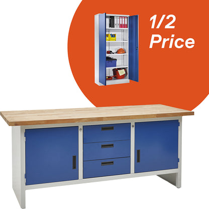 Deal: workbench incl. storage cupboard for 1/2 price, HxWxD 850 x 2000 x 750 mm (workbench), solid beech wooden panel.