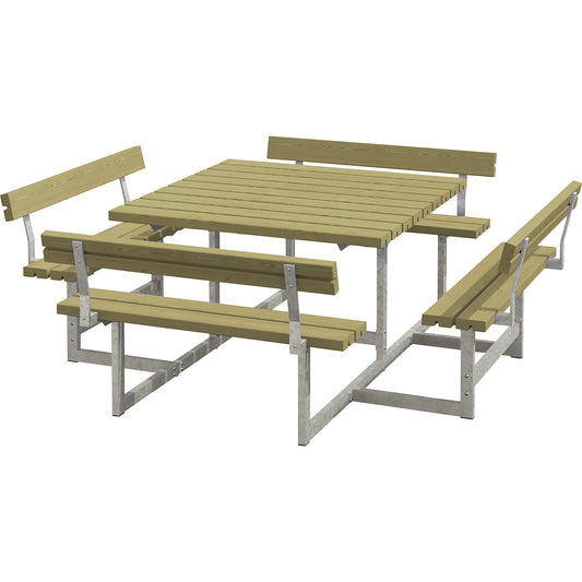 Picnic bench for 8 people, coniferous wood, LxD 2240 x 2240 mm, natural, with backrest.