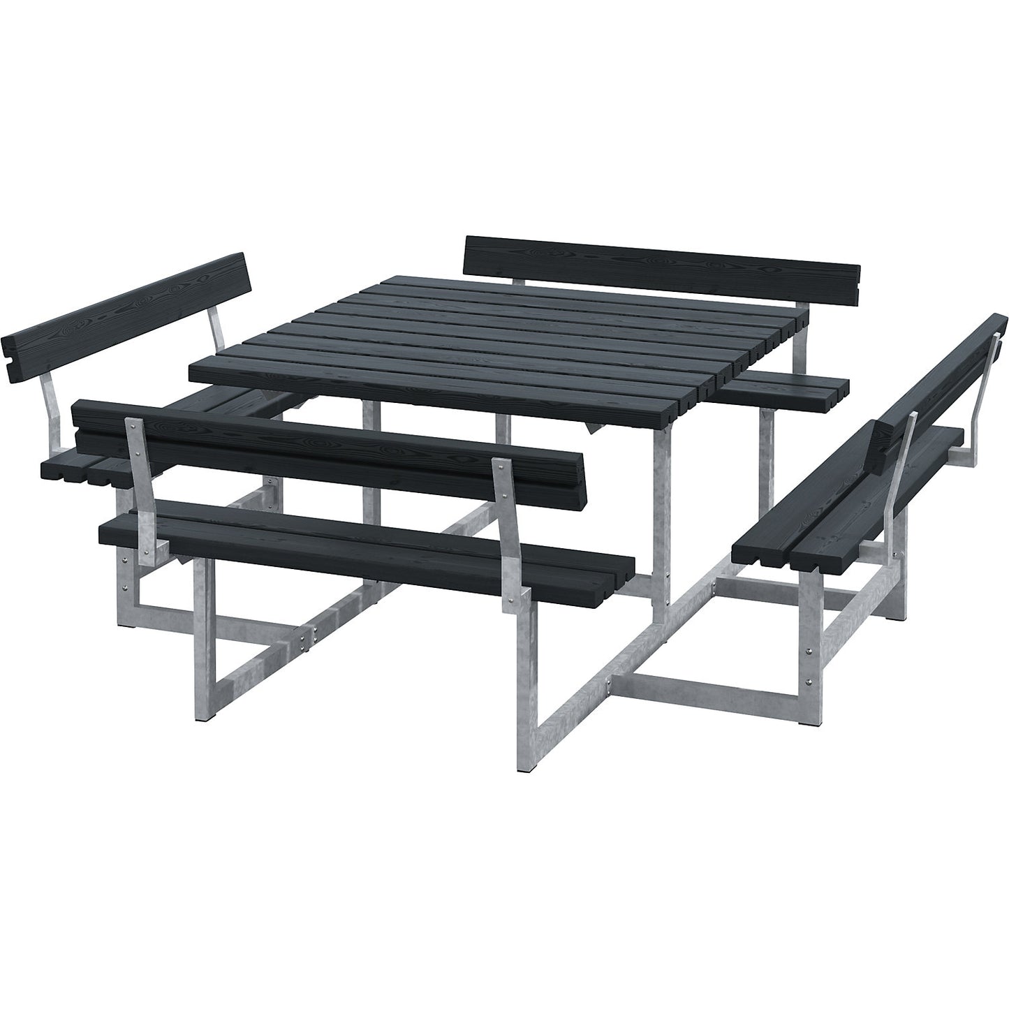 Picnic bench for 8 people, coniferous wood, LxD 2240 x 2240 mm, black, with backrest.