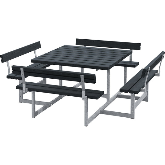 Picnic bench for 8 people, coniferous wood, LxD 2240 x 2240 mm, black, with backrest.