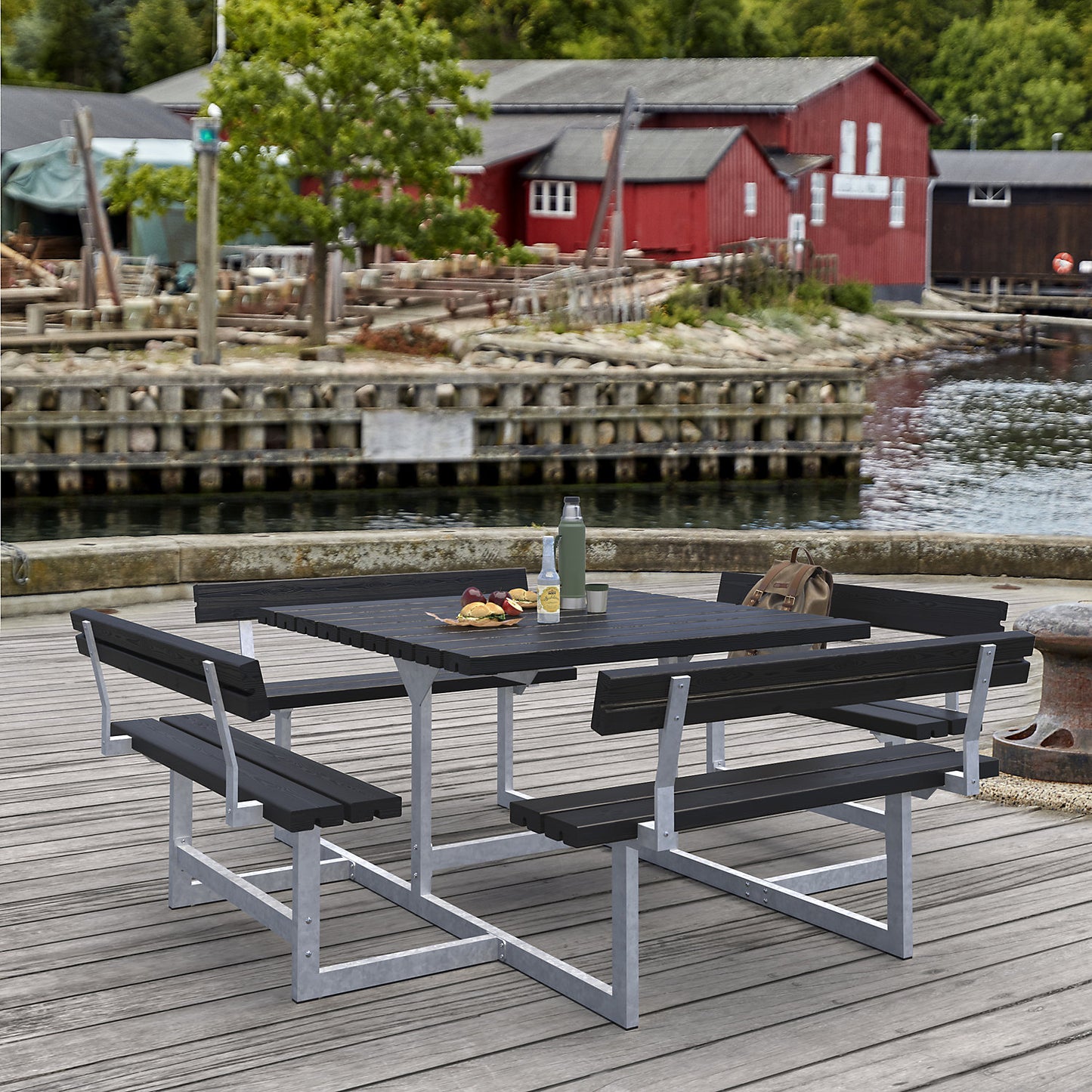 Picnic bench for 8 people, coniferous wood, LxD 2240 x 2240 mm, black, with backrest.