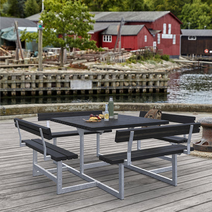 Picnic bench for 8 people, coniferous wood, LxD 2240 x 2240 mm, black, with backrest.