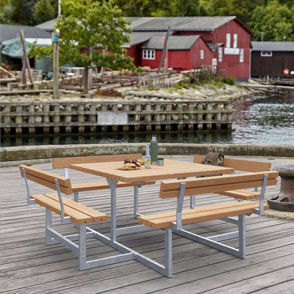 Picnic bench for 8 people, coniferous wood, LxD 2240 x 2240 mm, brown ThermoWood, with backrest.