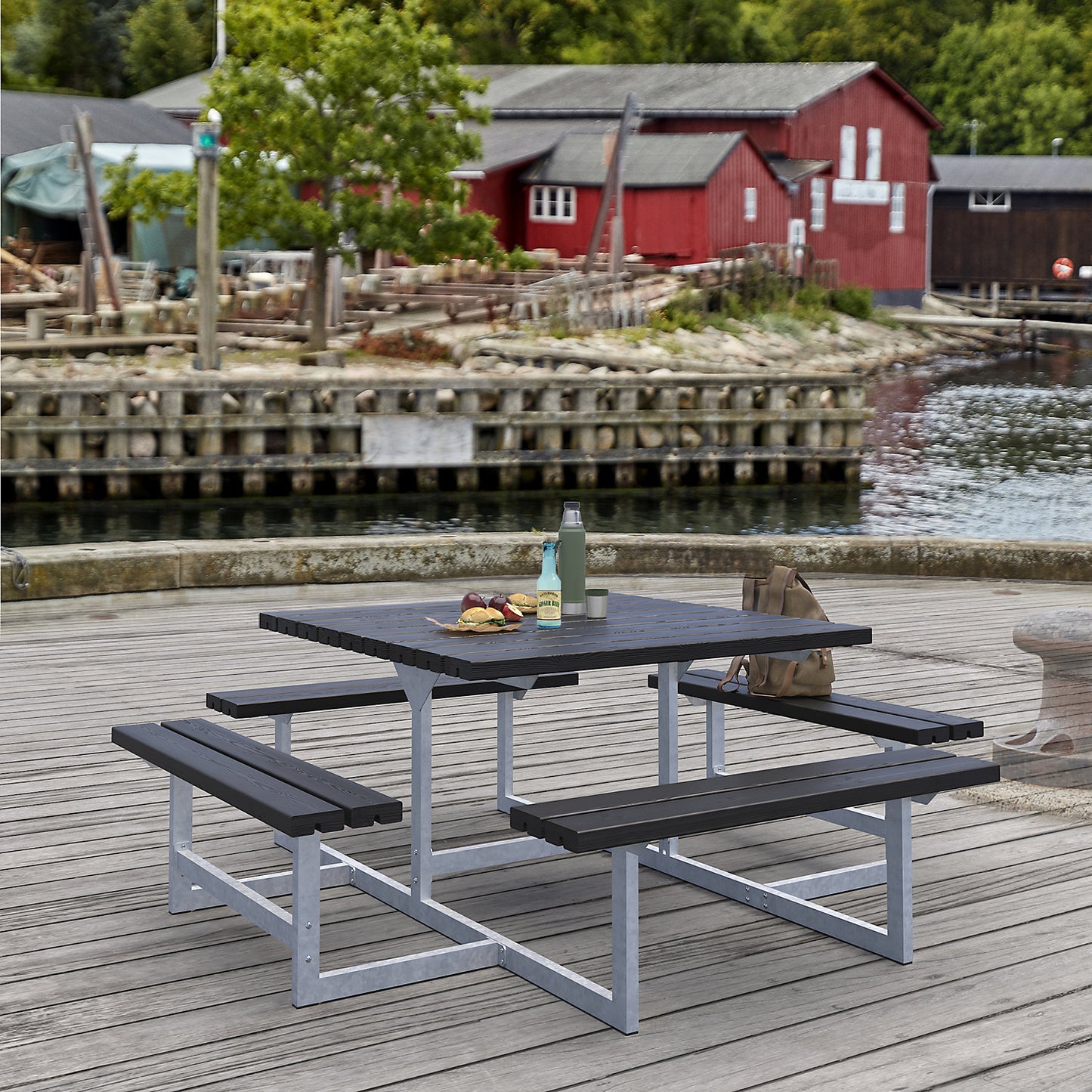 Picnic bench for 8 people, coniferous wood, LxD 2000 x 2000 mm, black.