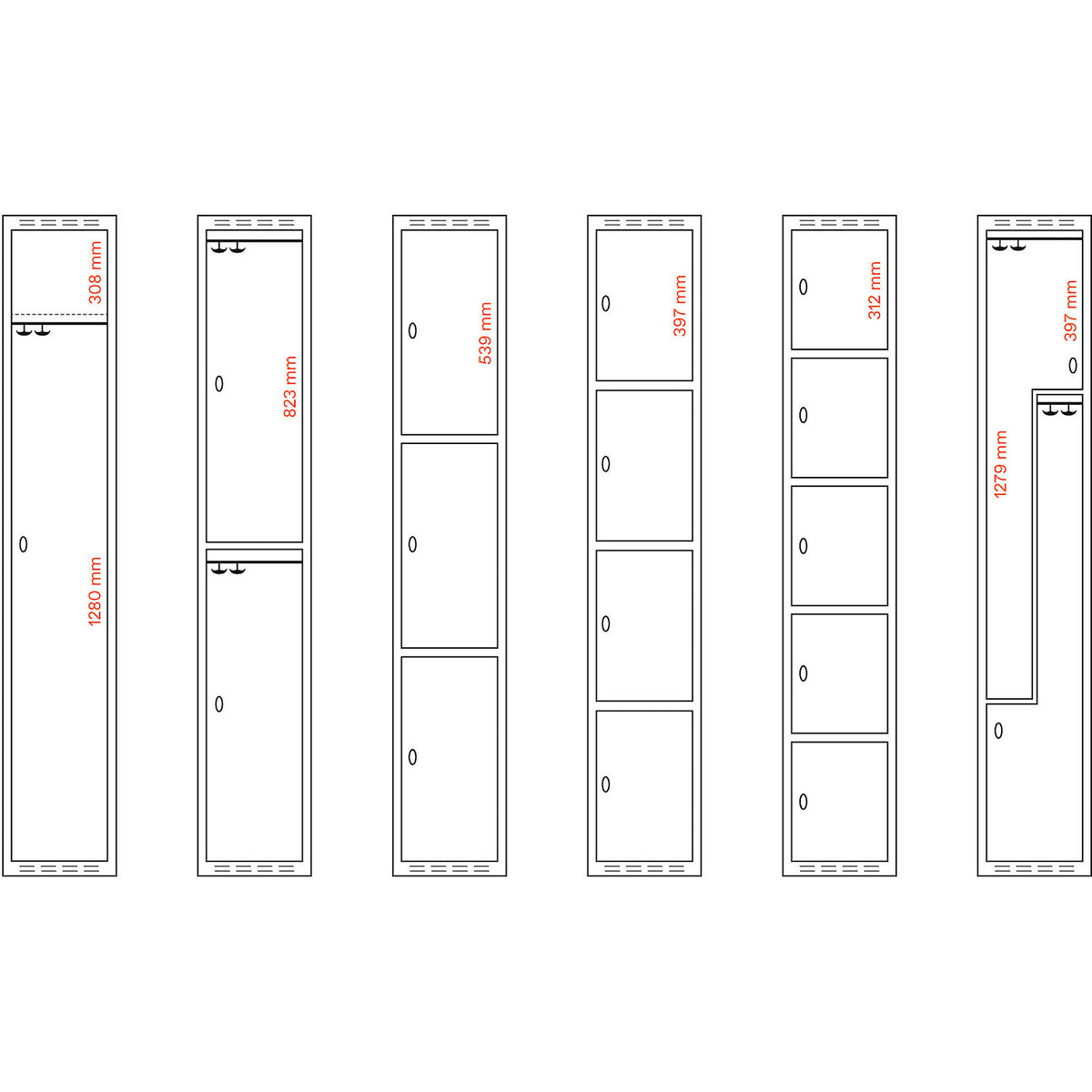 Fydor double deck clothes locker, HPL, 2 sections, white/oak, W 600 mm, flat roof shape, padlock.