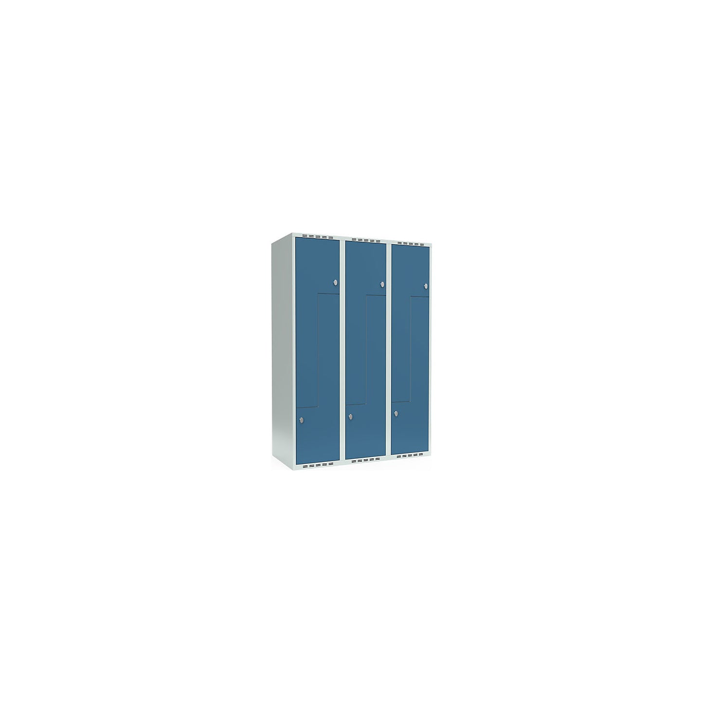 Fydor Z locker, 3 compartments, light grey / brilliant blue, W 1200 mm, 3 compartments, flat roof shape, padlock.