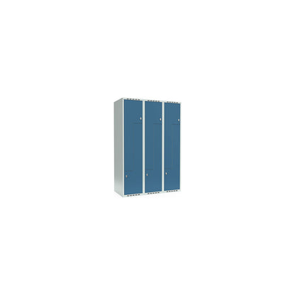 Fydor Z locker, 3 compartments, light grey / brilliant blue, W 1200 mm, 3 compartments, flat roof shape, padlock.