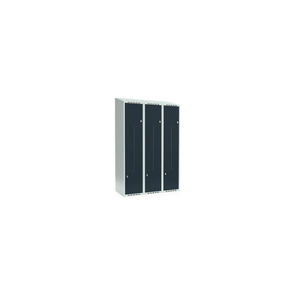 Fydor Z locker, 3 compartments, light grey / charcoal, W 1200 mm, 3 compartments, sloping roof shape, padlock.