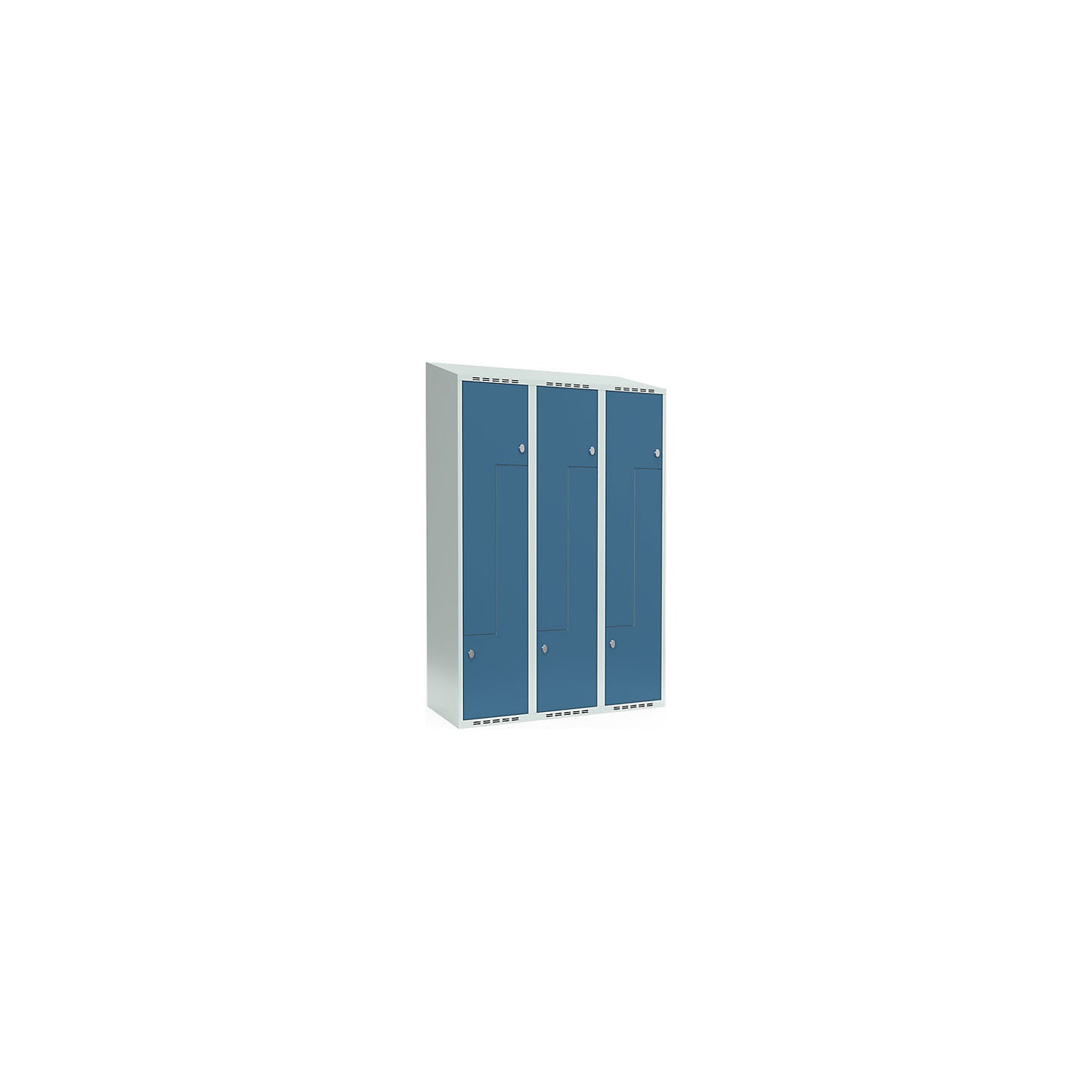 Fydor Z locker, 3 compartments, light grey / brilliant blue, W 1200 mm, 3 compartments, sloping roof shape, padlock.