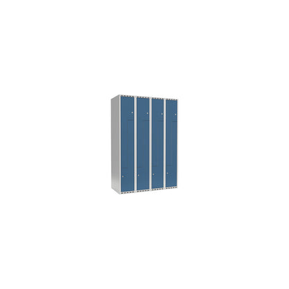Fydor Z locker, 4 compartments, light grey / brilliant blue, W 1200 mm, 4 compartments, flat roof shape, padlock.