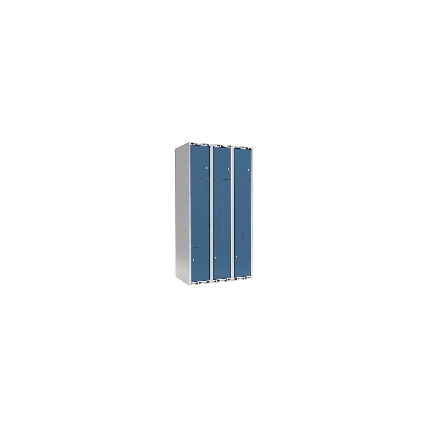 Fydor Z locker, 3 compartments, light grey / brilliant blue, W 900 mm, 3 compartments, flat roof shape, cylinder lock.