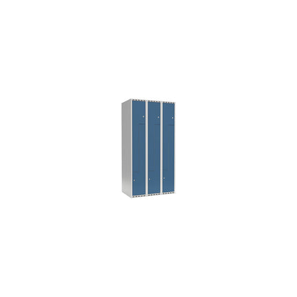 Fydor Z locker, 3 compartments, light grey / brilliant blue, W 900 mm, 3 compartments, flat roof shape, cylinder lock.