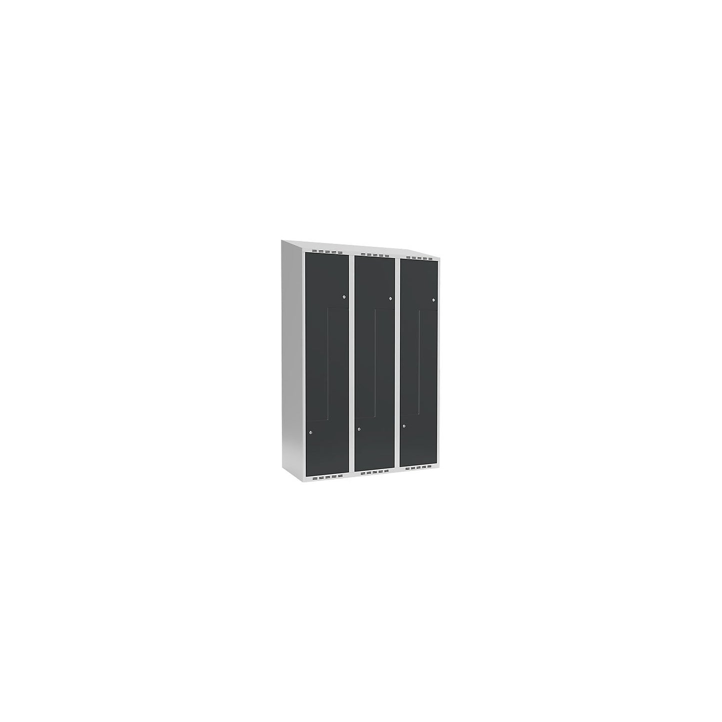 Fydor Z locker, 3 compartments, light grey / charcoal, W 1200 mm, 3 compartments, sloping roof shape, cylinder lock.