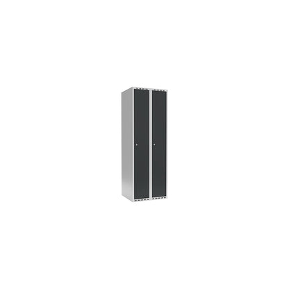 Fydor locker, 2 compartments, light grey / charcoal, W 600 mm, flat roof shape, cylinder lock.