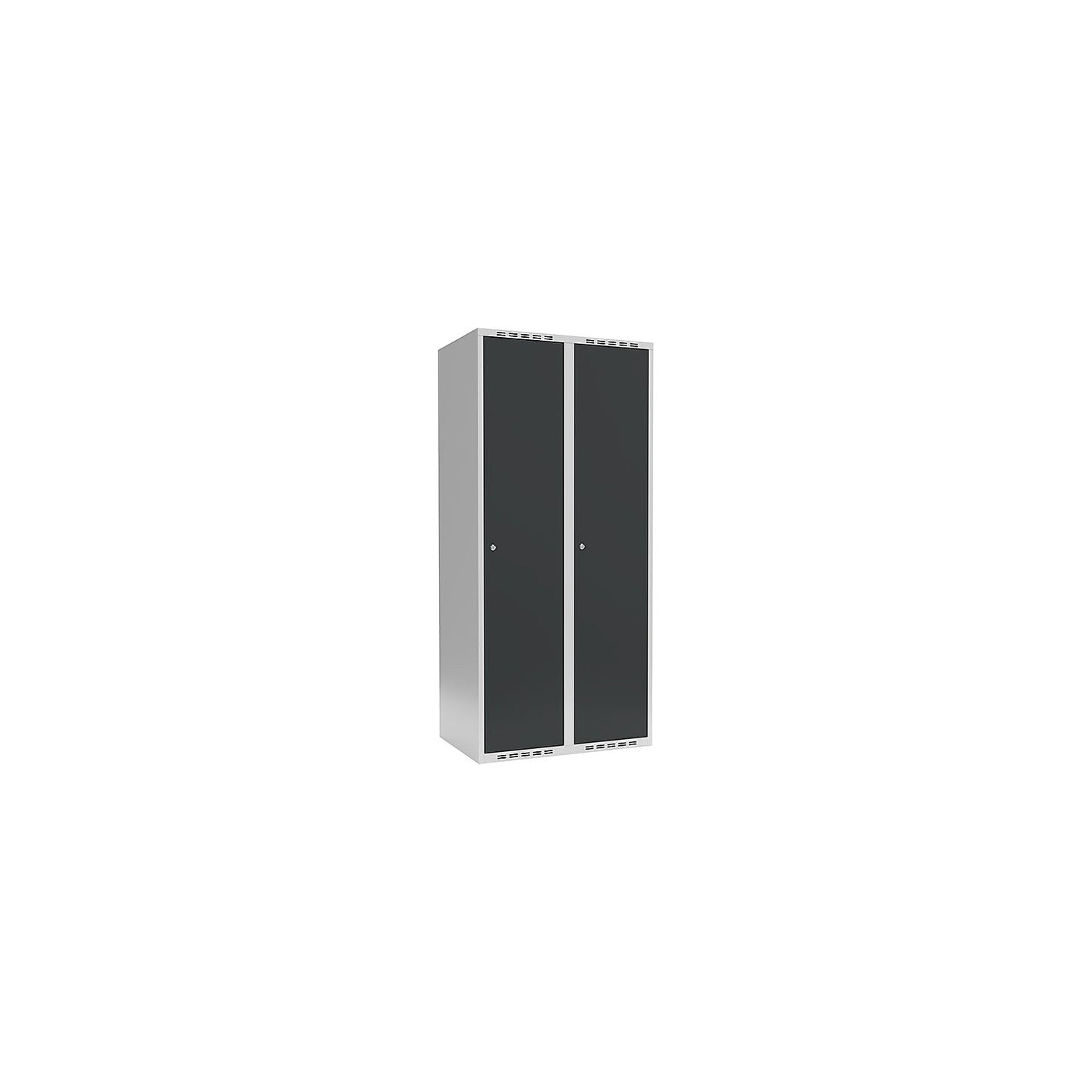 Fydor locker, 2 compartments, light grey / charcoal, W 800 mm, flat roof shape, cylinder lock.