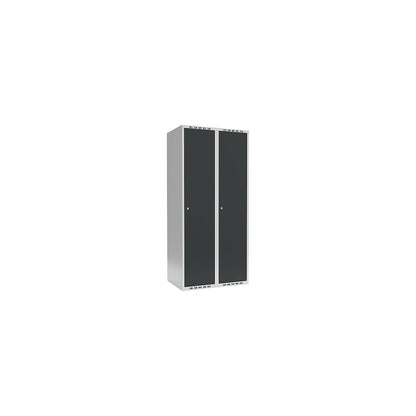 Fydor locker, 2 compartments, light grey / charcoal, W 800 mm, flat roof shape, cylinder lock.