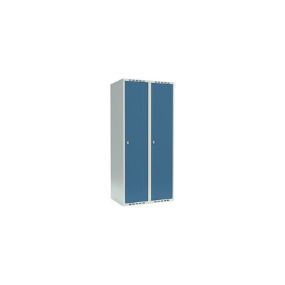 Fydor locker, 2 compartments, light grey / brilliant blue, W 800 mm, flat roof shape, padlock.