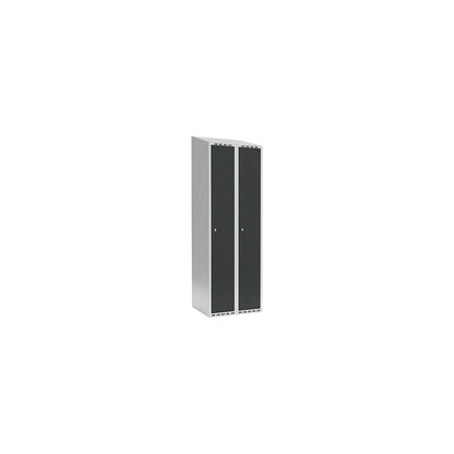 Fydor locker, 2 compartments, light grey / charcoal, W 600 mm, sloping roof shape, cylinder lock.
