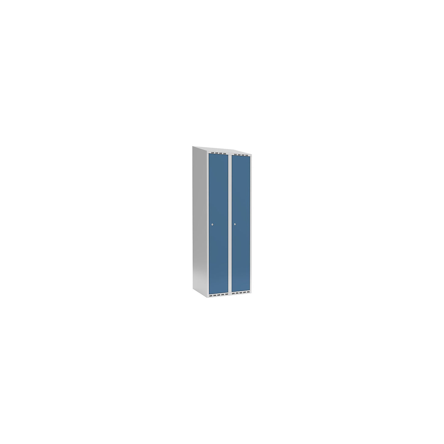 Fydor locker, 2 compartments, light grey / brilliant blue, W 600 mm, sloping roof shape, cylinder lock.