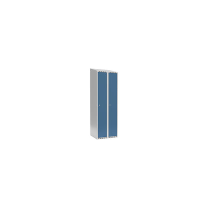 Fydor locker, 2 compartments, light grey / brilliant blue, W 600 mm, sloping roof shape, cylinder lock.
