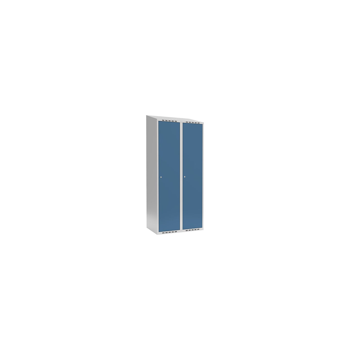 Fydor locker, 2 compartments, light grey / brilliant blue, W 800 mm, sloping roof shape, cylinder lock.