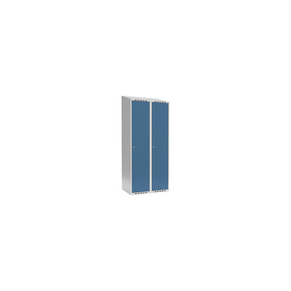 Fydor locker, 2 compartments, light grey / brilliant blue, W 800 mm, sloping roof shape, cylinder lock.