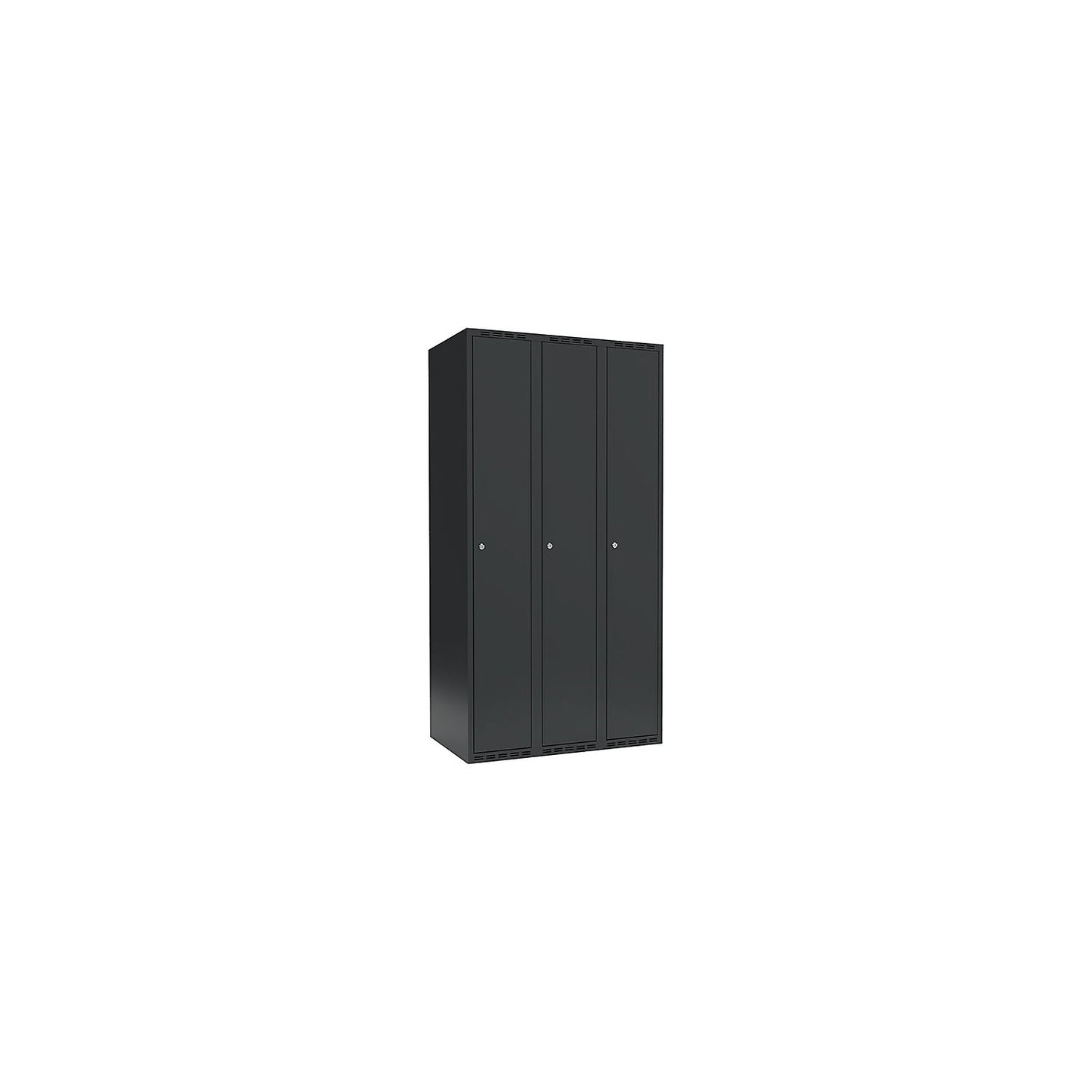 Fydor locker, 3 compartments, charcoal, W 900 mm, flat roof shape, cylinder lock.