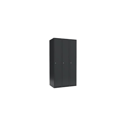Fydor locker, 3 compartments, charcoal, W 900 mm, flat roof shape, cylinder lock.