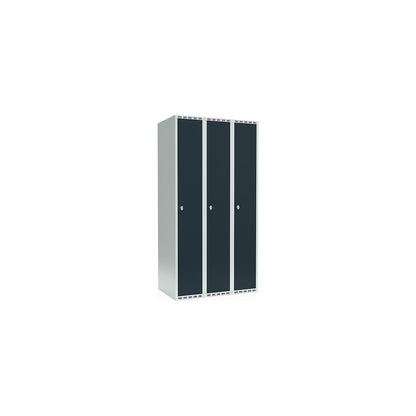 Fydor locker, 3 compartments, light grey / charcoal, W 900 mm, flat roof shape, padlock.
