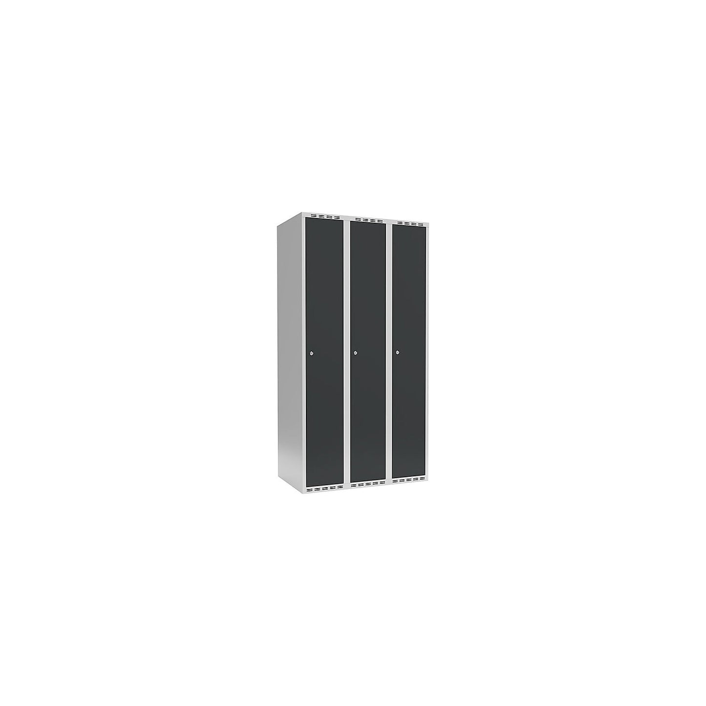 Fydor locker, 3 compartments, light grey / charcoal, W 900 mm, flat roof shape, cylinder lock.