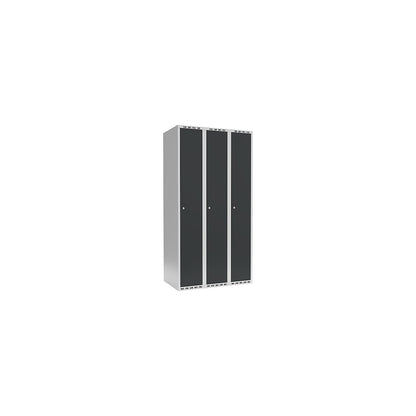 Fydor locker, 3 compartments, light grey / charcoal, W 900 mm, flat roof shape, cylinder lock.