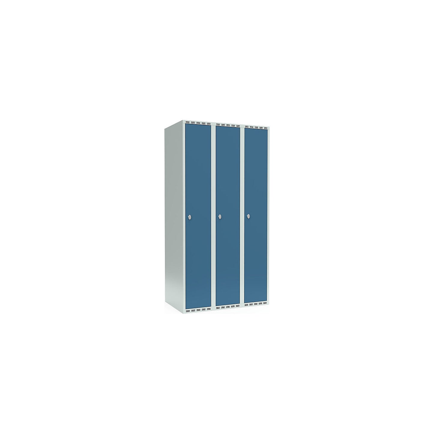 Fydor locker, 3 compartments, light grey / brilliant blue, W 900 mm, flat roof shape, padlock.