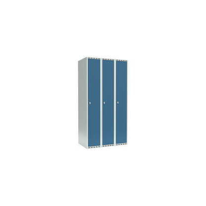 Fydor locker, 3 compartments, light grey / brilliant blue, W 900 mm, flat roof shape, padlock.