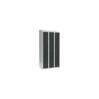 Fydor locker, 3 compartments, light grey / charcoal, W 900 mm, sloping roof shape, cylinder lock.