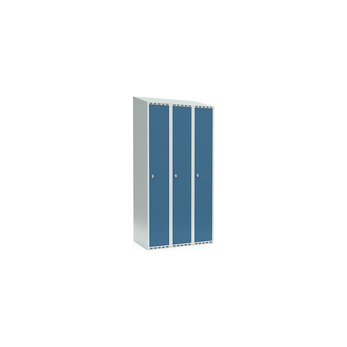 Fydor locker, 3 compartments, light grey / brilliant blue, W 900 mm, sloping roof shape, padlock.