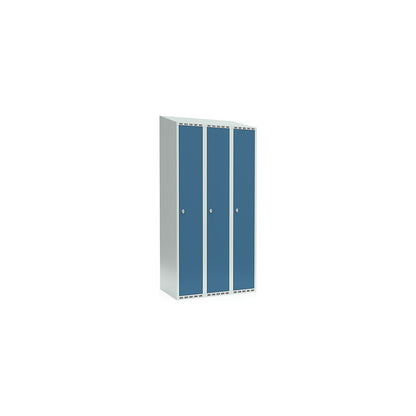 Fydor locker, 3 compartments, light grey / brilliant blue, W 900 mm, sloping roof shape, padlock.