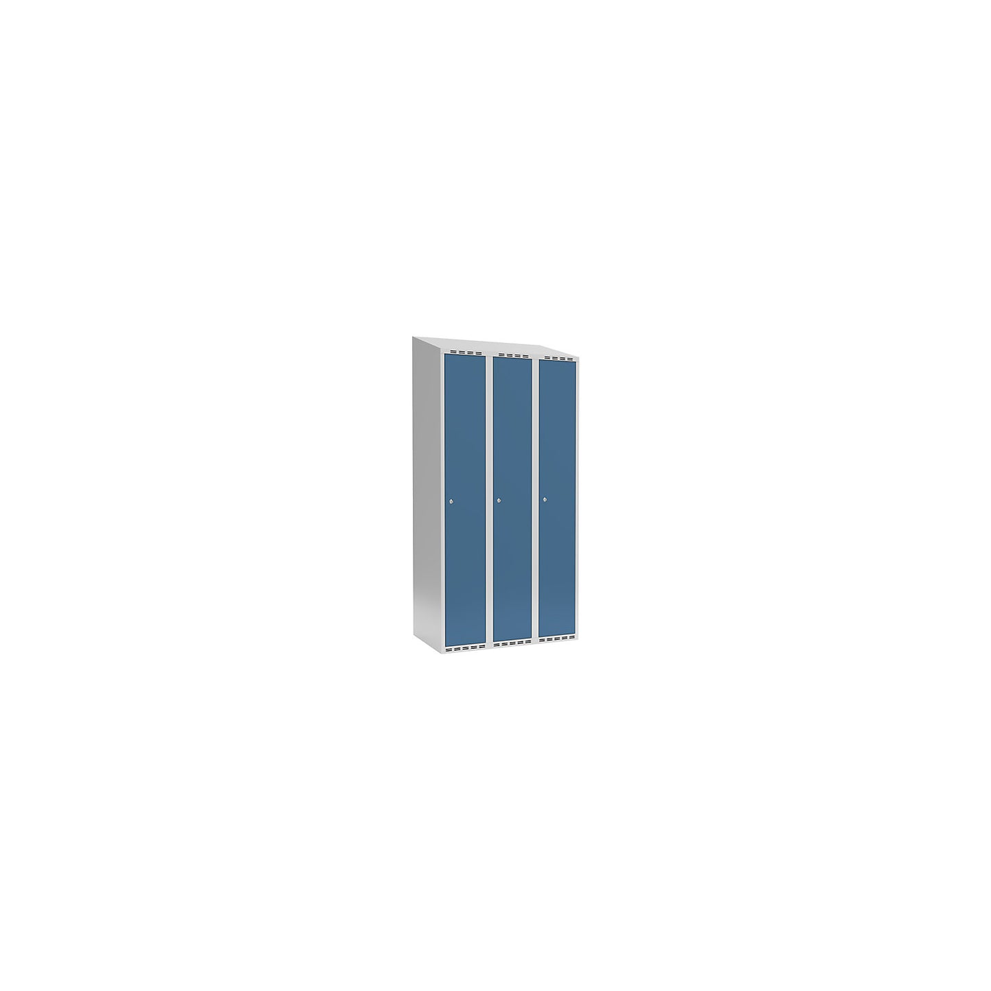 Fydor locker, 3 compartments, light grey / brilliant blue, W 900 mm, sloping roof shape, cylinder lock.