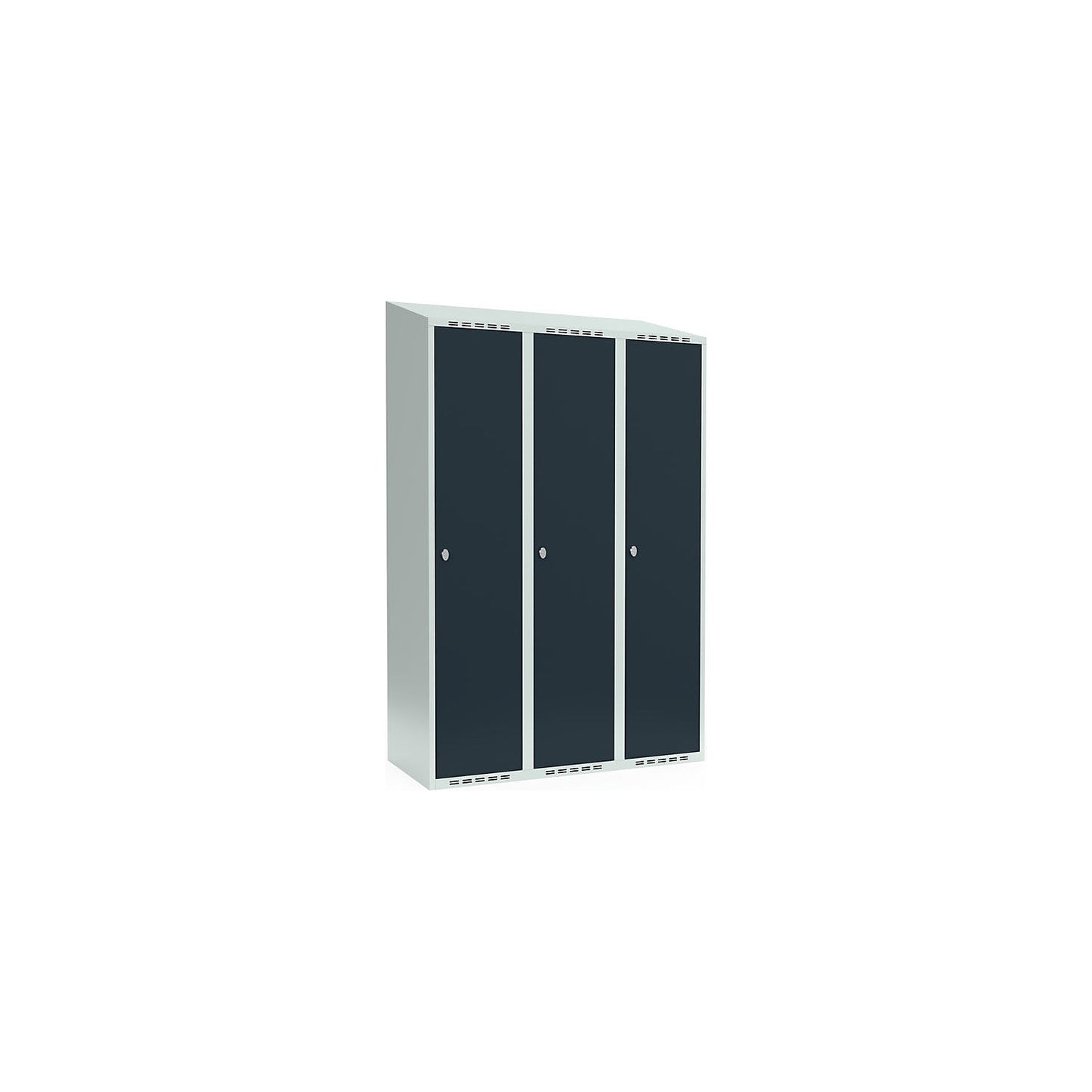 Fydor locker, 3 compartments, light grey / charcoal, W 1200 mm, sloping roof shape, padlock.