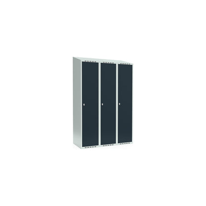Fydor locker, 3 compartments, light grey / charcoal, W 1200 mm, sloping roof shape, padlock.