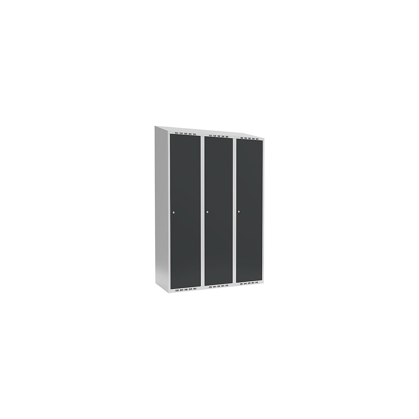 Fydor locker, 3 compartments, light grey / charcoal, W 1200 mm, sloping roof shape, cylinder lock.