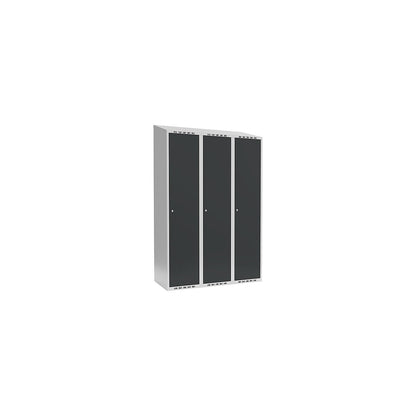 Fydor locker, 3 compartments, light grey / charcoal, W 1200 mm, sloping roof shape, cylinder lock.