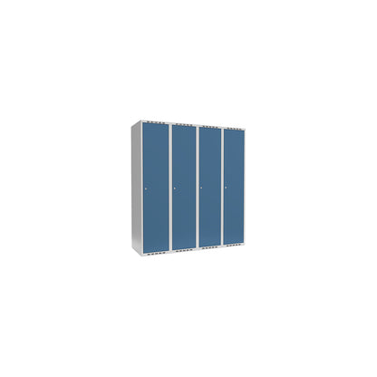 Fydor locker, 4 compartments, light grey / brilliant blue, W 1200 mm, flat roof shape, cylinder lock.