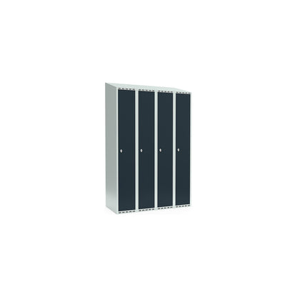 Fydor locker, 4 compartments, light grey / charcoal, W 1200 mm, sloping roof shape, padlock.