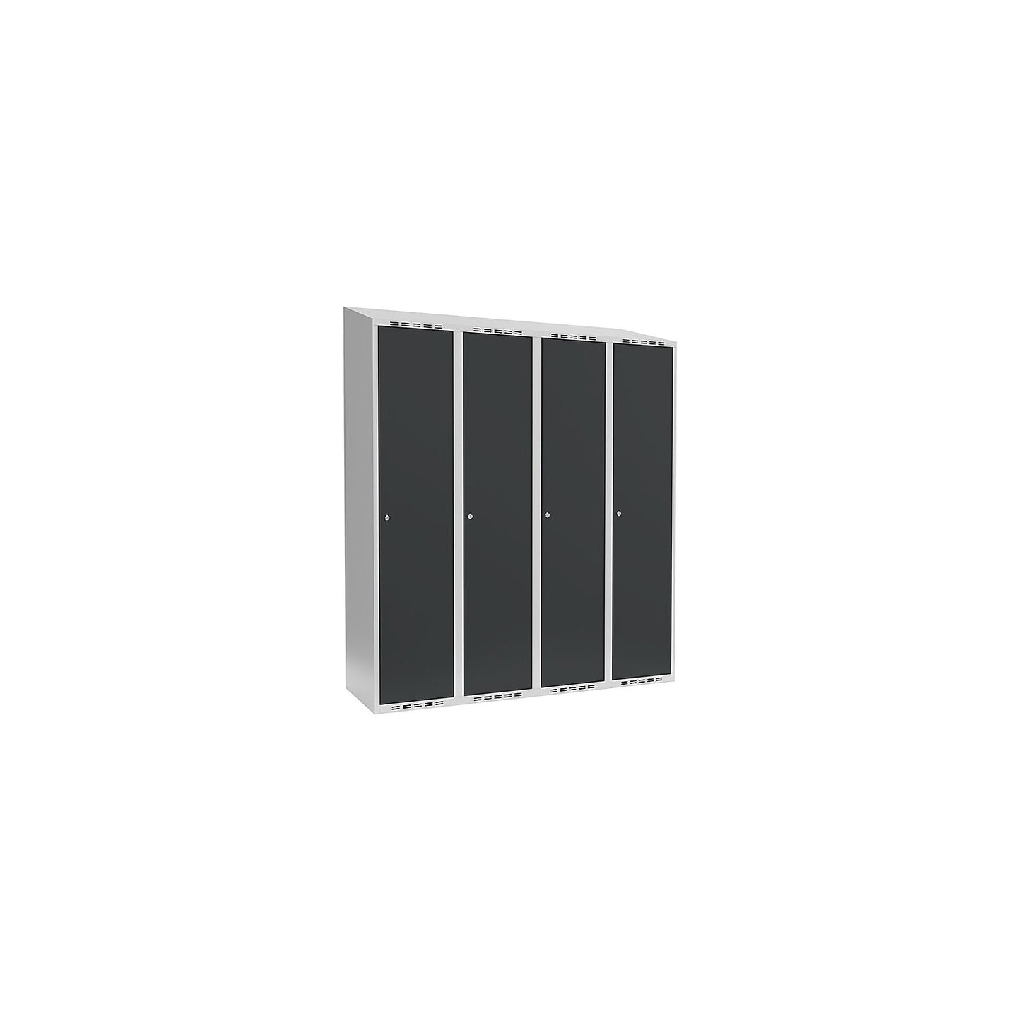 Fydor locker, 4 compartments, light grey / charcoal, W 1200 mm, sloping roof shape, cylinder lock.