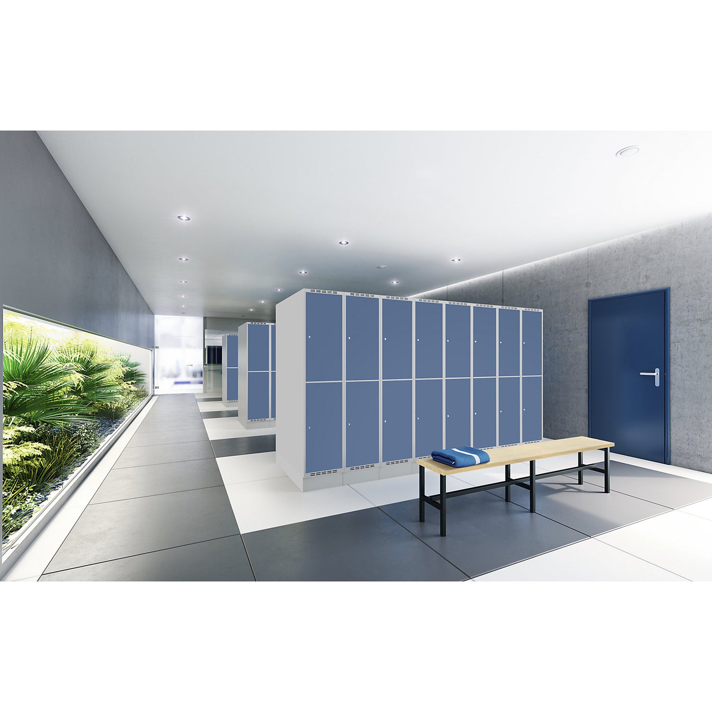 Fydor double deck clothes locker, 2 compartments, light grey / brilliant blue, W 800 mm, 2 compartments, flat roof shape, cylinder lock.