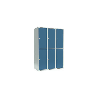 Fydor double deck clothes locker, 3 compartments, light grey / brilliant blue, W 1200 mm, 3 compartments, flat roof shape, padlock.