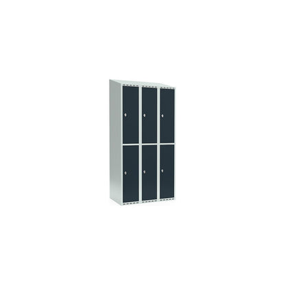 Fydor double deck clothes locker, 3 compartments, light grey / charcoal, W 900 mm, 3 compartments, sloping roof shape, padlock.